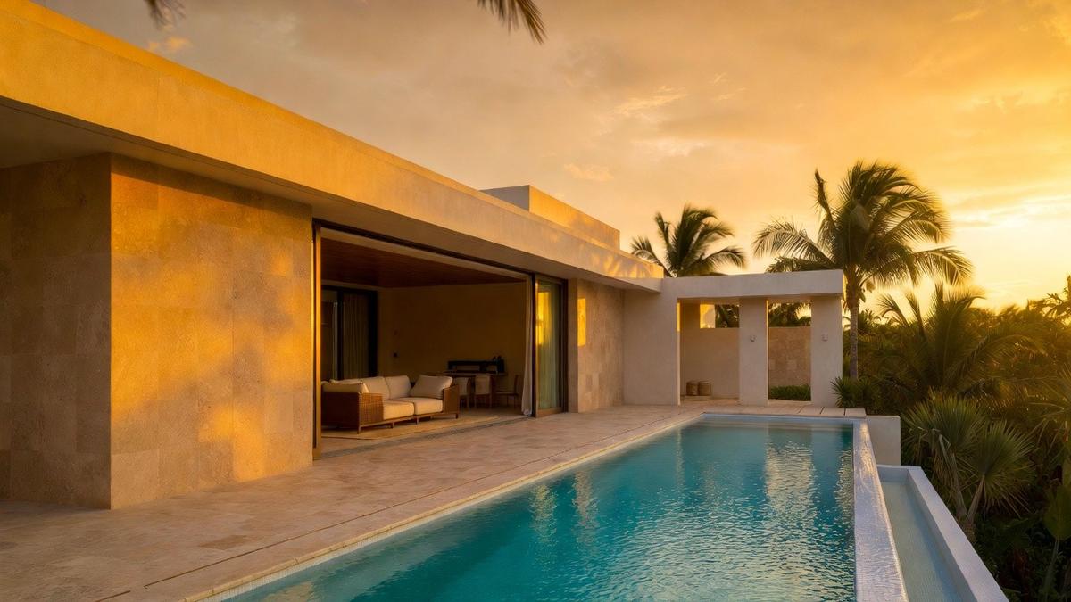 Visualisation: modern villa with pool at sunset